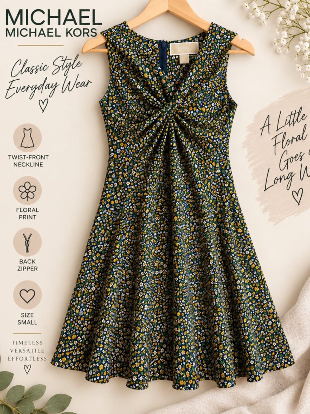 Michael Kors Floral Sleeveless Dress Women’s Small Navy Yellow